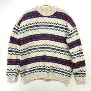 Vtg Bass Sweater Men M Cream Blue Stripe 100% Cotton Baggy Cosby Grandpa USA 90s